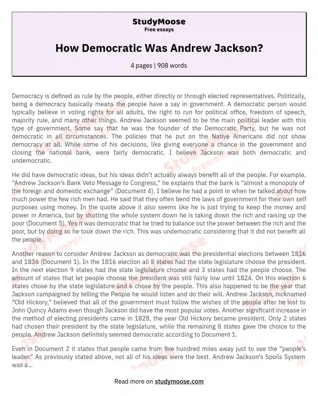 How Democratic Was Andrew Jackson? essay