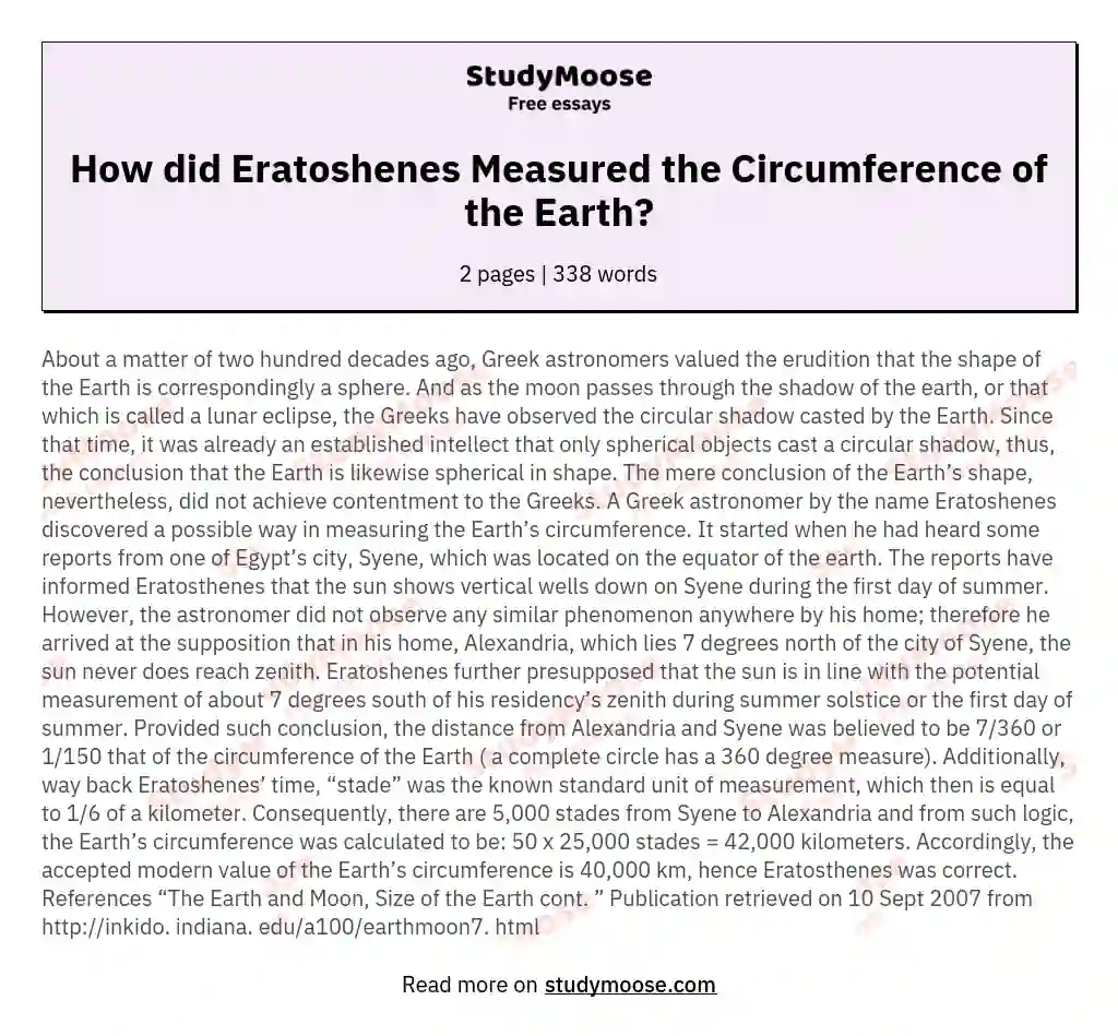 How did Eratoshenes Measured the Circumference of the Earth? essay