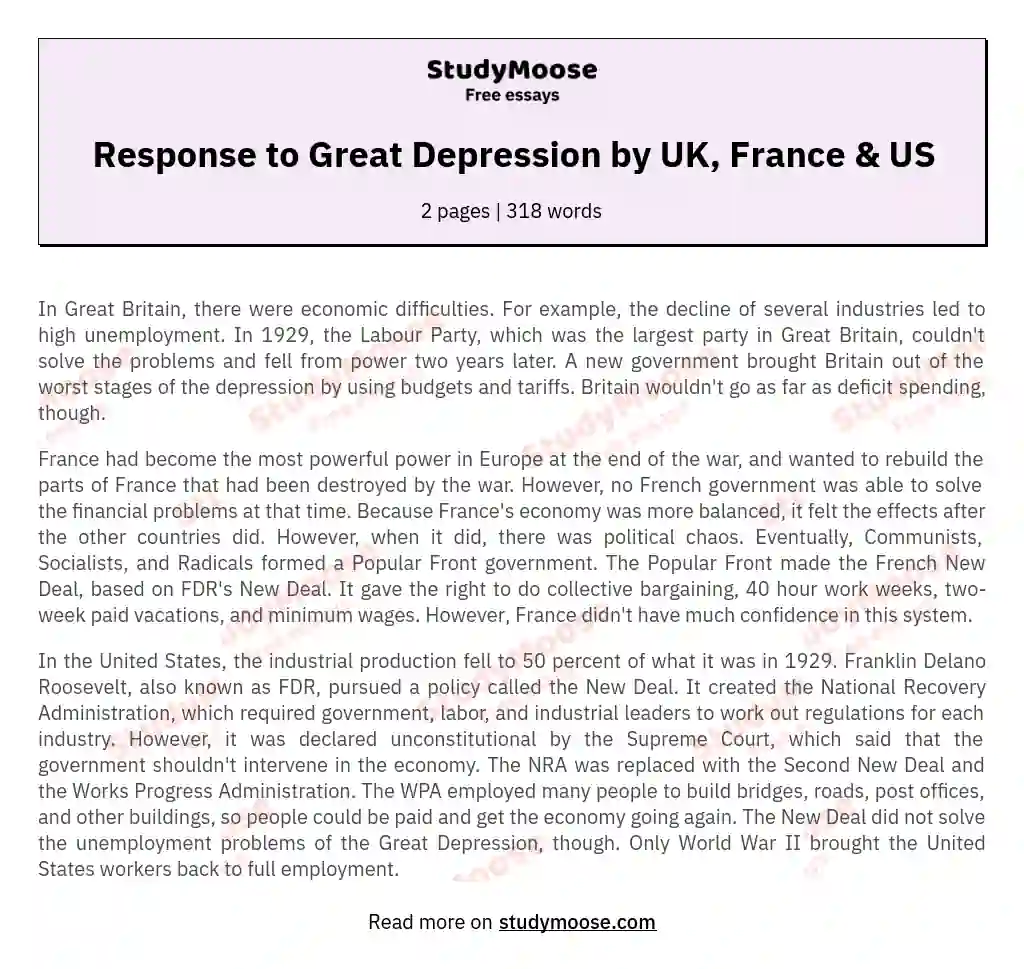 Responses to the Great Depression: UK, France, and US essay