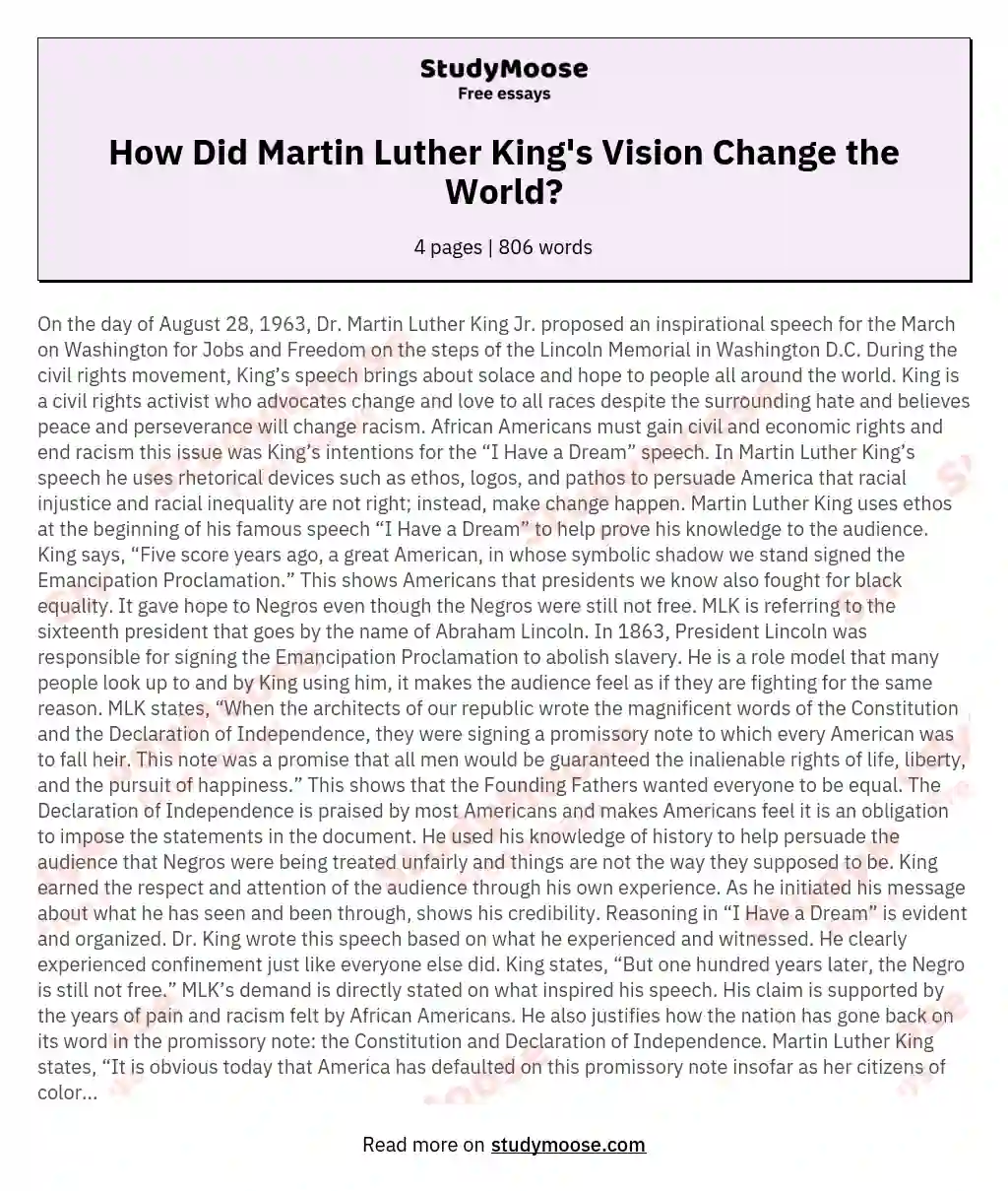 How Did Martin Luther King's Vision Change the World? essay