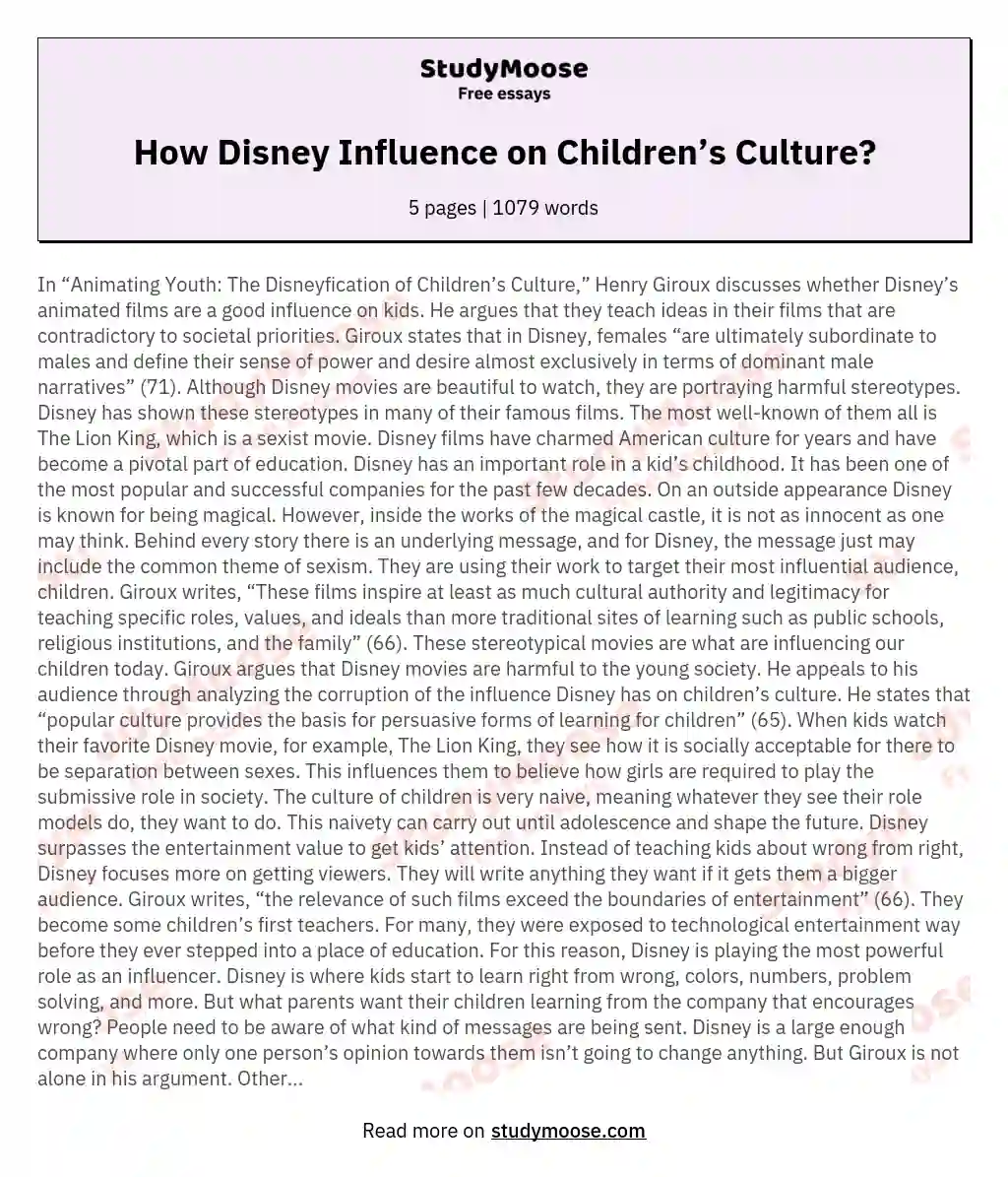How Disney Influence on Children’s Culture? essay