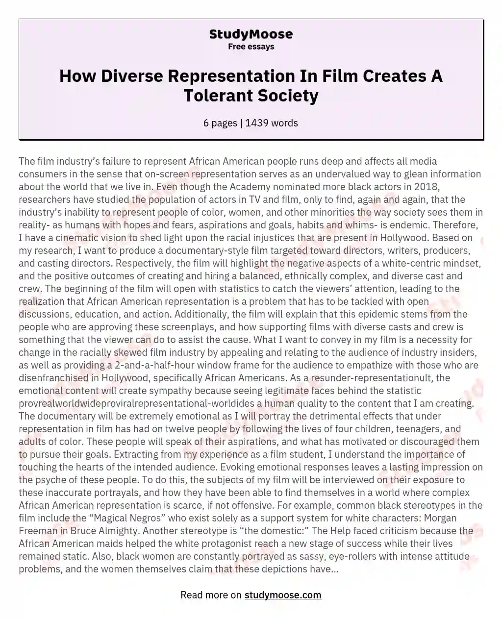 How Diverse Representation In Film Creates A Tolerant Society essay