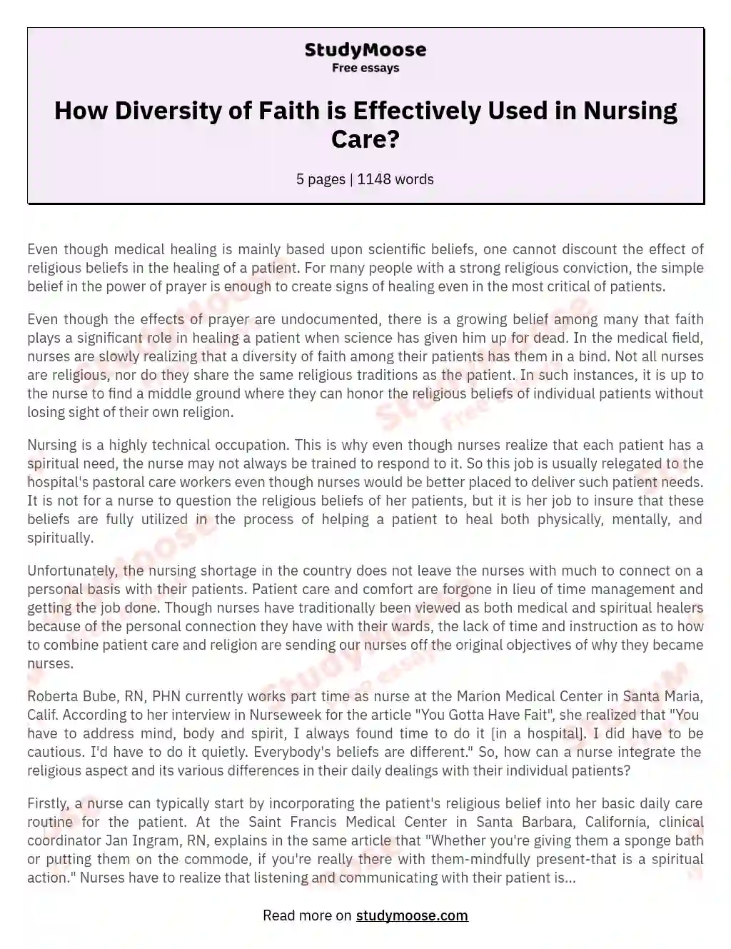 How Diversity of Faith is Effectively Used in Nursing Care? essay