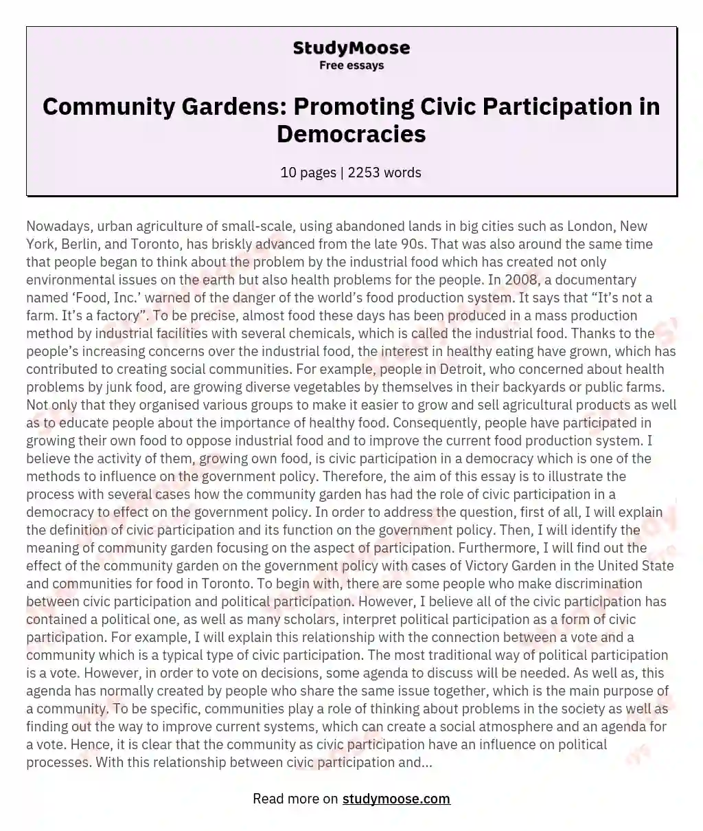 Community Gardens: Promoting Civic Participation in Democracies essay