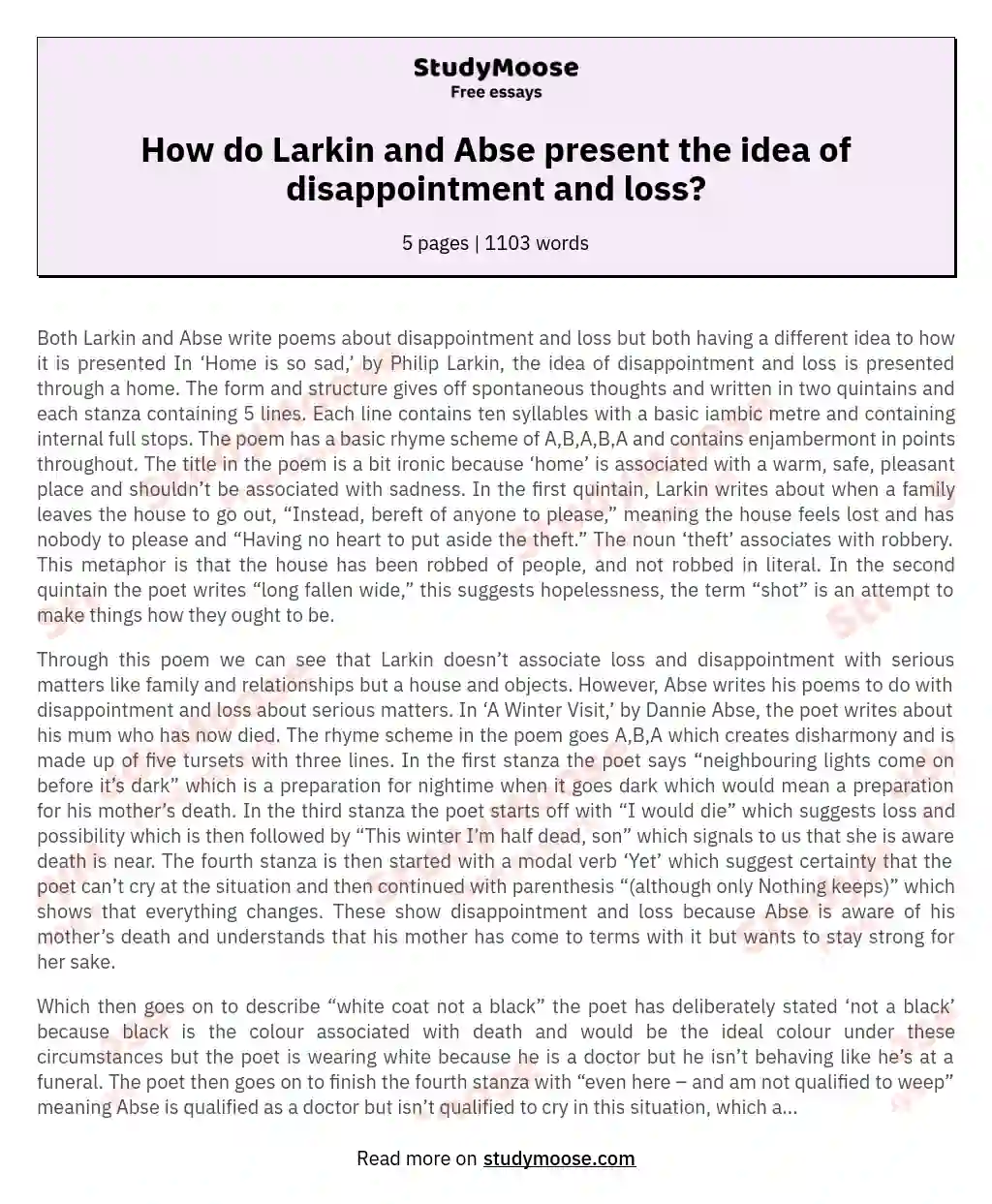 How do Larkin and Abse present the idea of disappointment and loss? essay