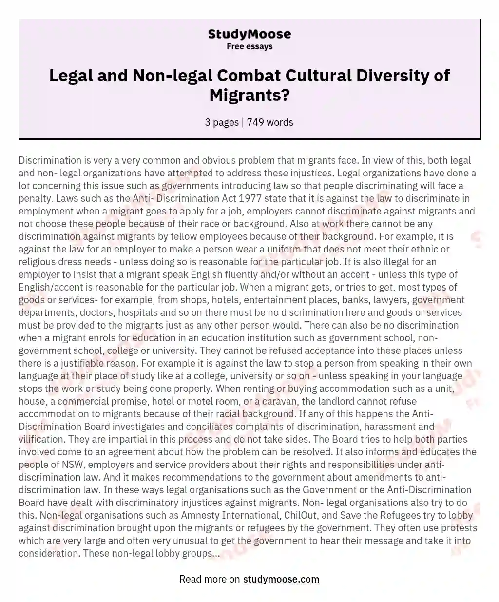 Legal and Non-legal Combat Cultural Diversity of Migrants? essay