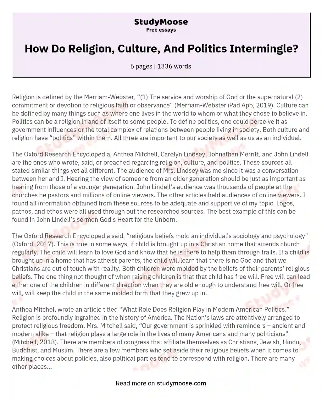 How Do Religion, Culture, And Politics Intermingle? essay