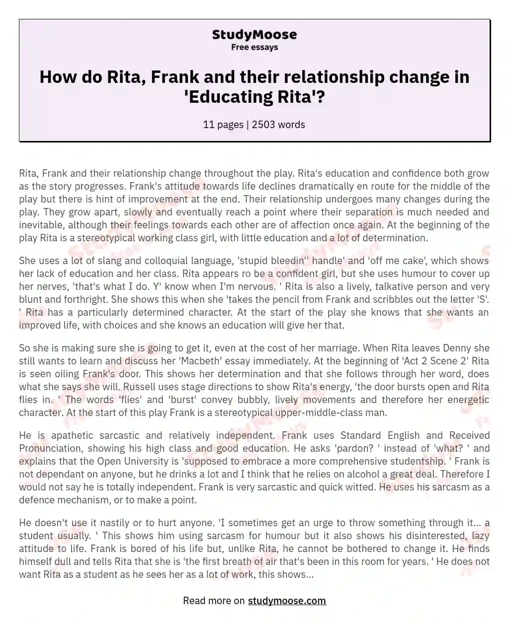 How do Rita, Frank and their relationship change in 'Educating Rita'?