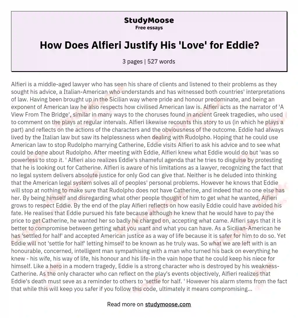 How Does Alfieri Justify His 'Love' for Eddie? essay