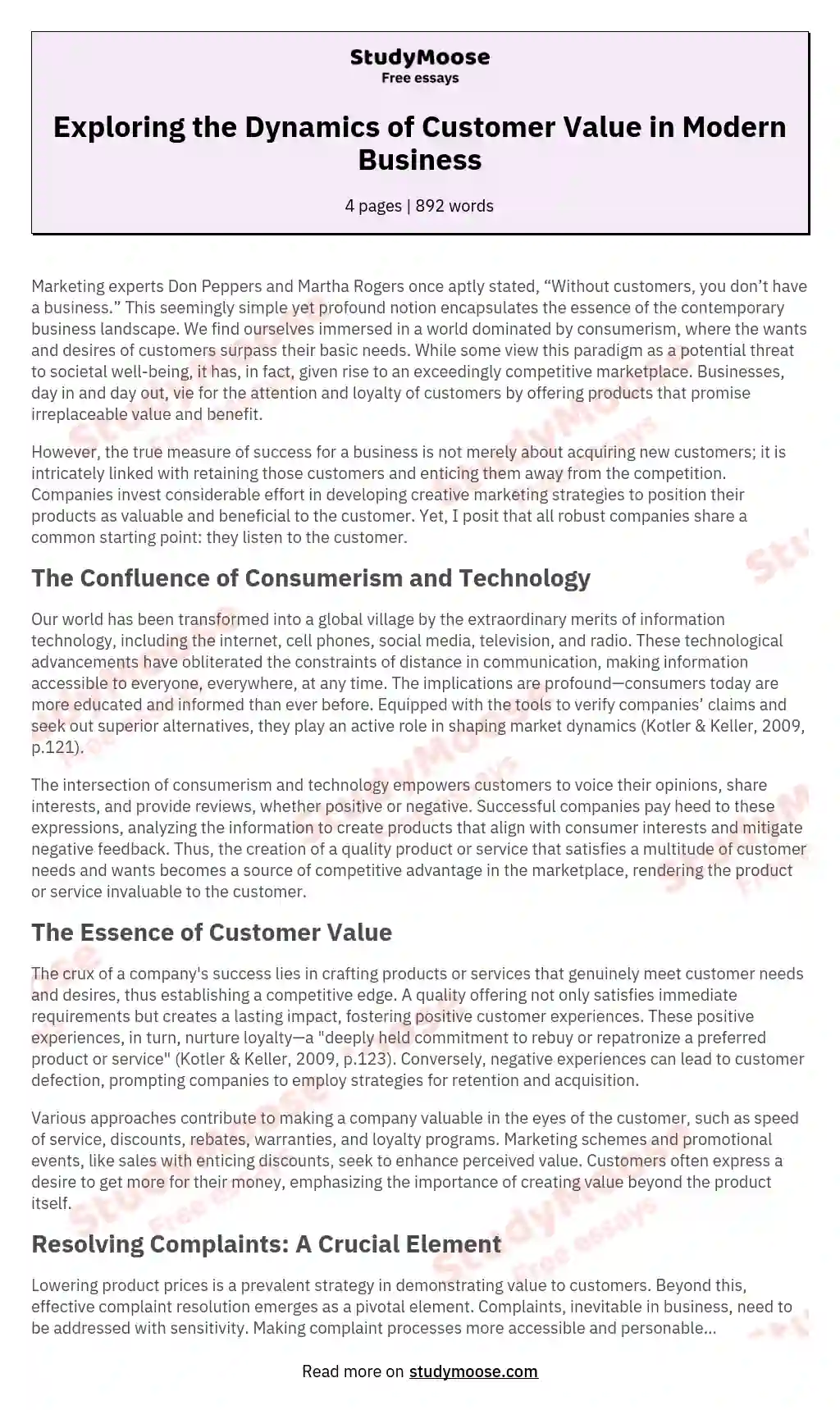 Exploring the Dynamics of Customer Value in Modern Business essay