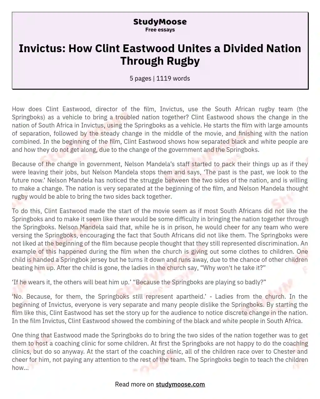 Invictus: How Clint Eastwood Unites a Divided Nation Through Rugby essay
