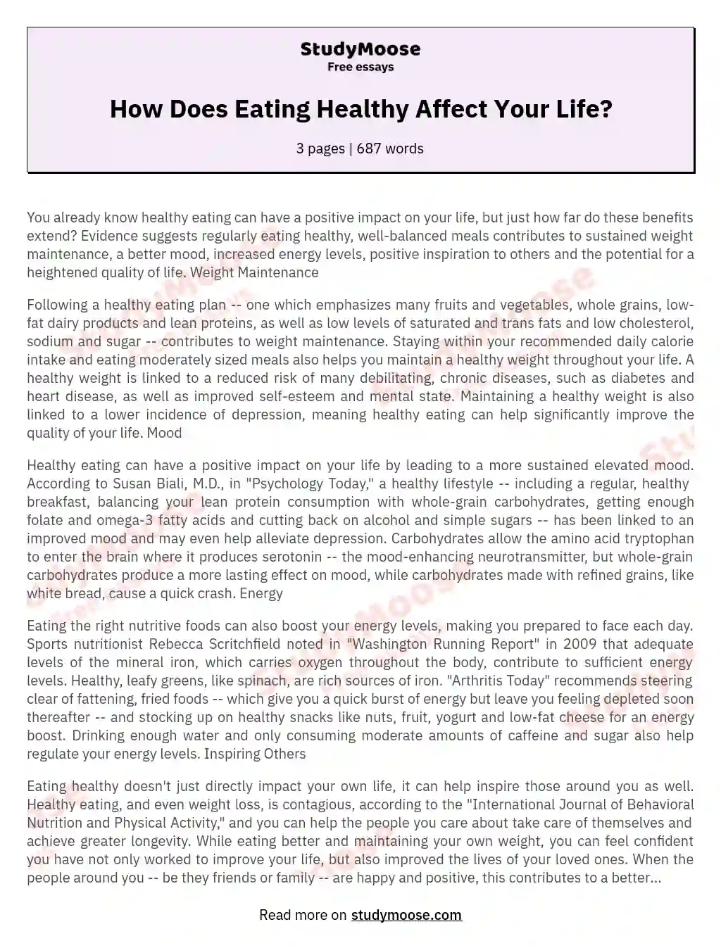 How Does Eating Healthy Affect Your Life Free Essay Example