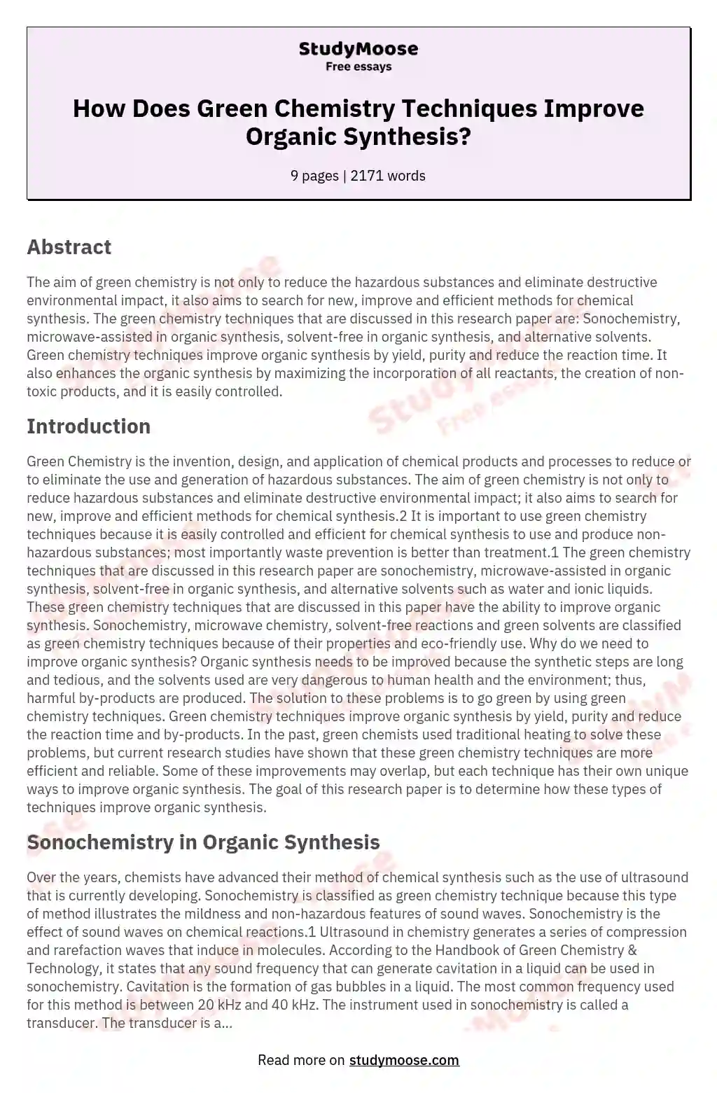 How Does Green Chemistry Techniques Improve Organic Synthesis? essay