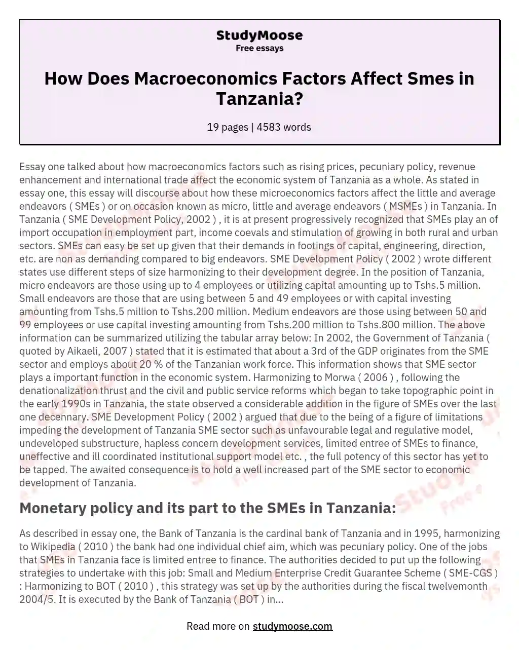 How Does Macroeconomics Factors Affect Smes in Tanzania?
