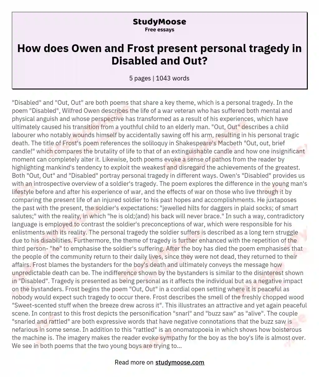 How does Owen and Frost present personal tragedy in Disabled and Out? essay