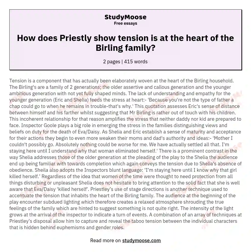 How does Priestly show tension is at the heart of the Birling family? essay