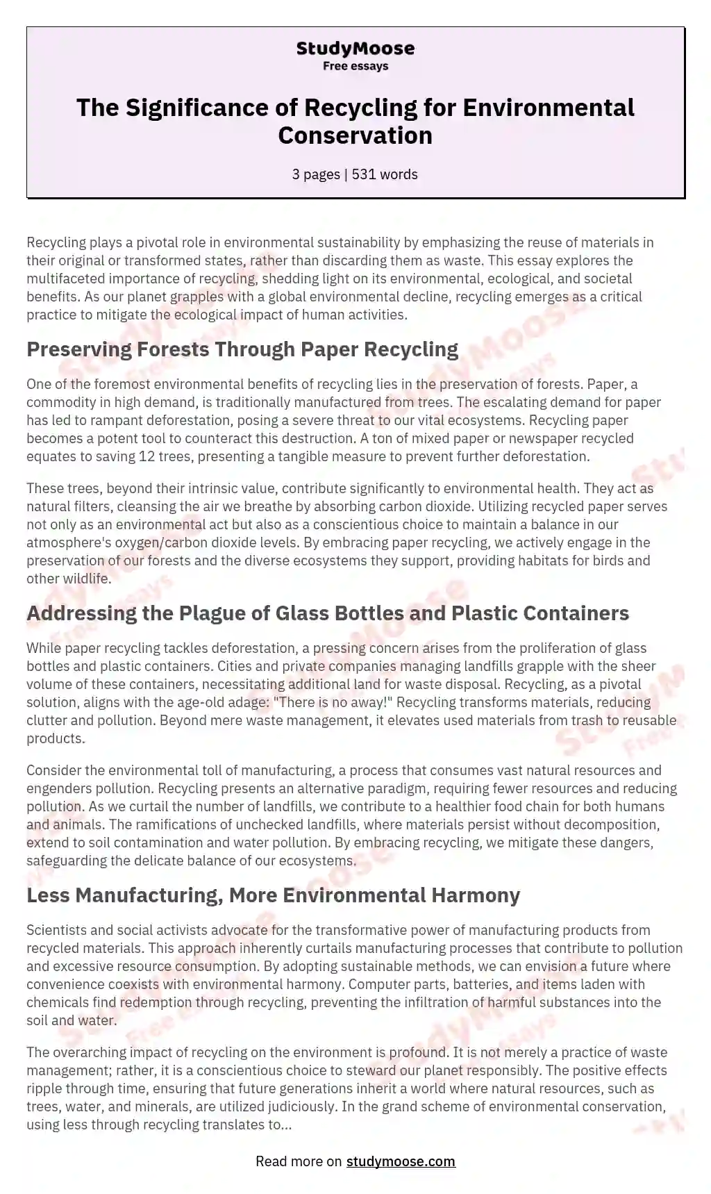 The Significance of Recycling for Environmental Conservation essay