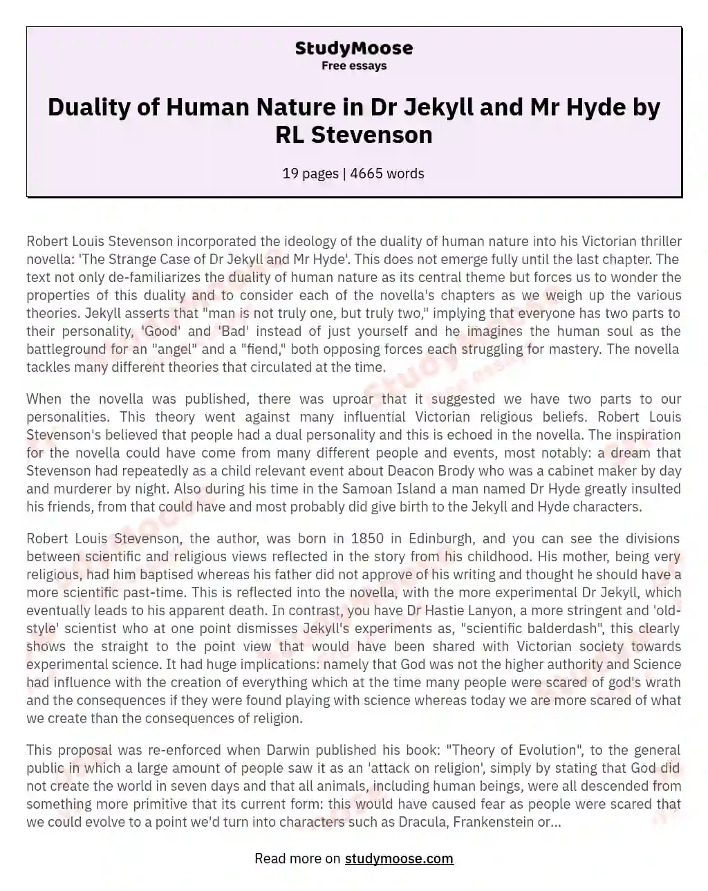 Duality of Human Nature in Dr Jekyll and Mr Hyde by RL Stevenson essay