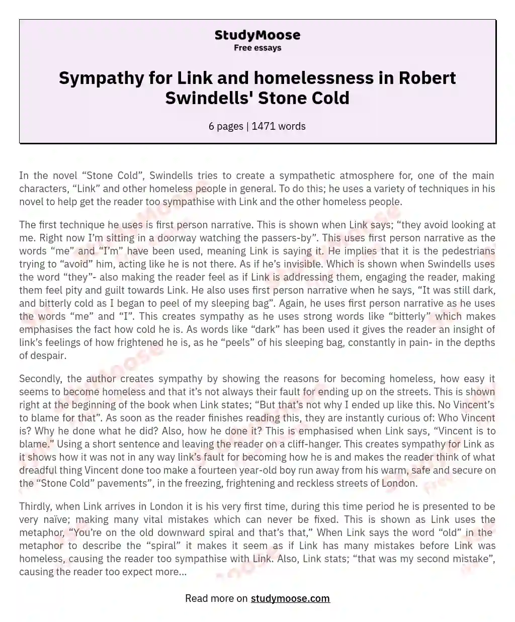Sympathy for Link and homelessness in Robert Swindells' Stone Cold essay