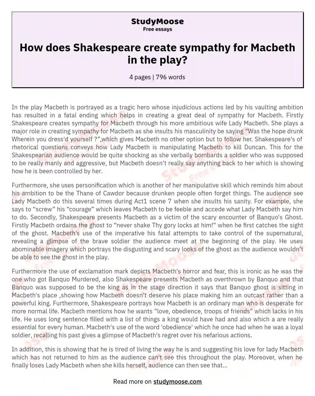 How does Shakespeare create sympathy for Macbeth in the play? essay
