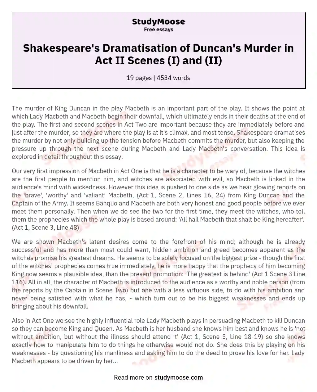 Shakespeare's Dramatisation of Duncan's Murder in Act II Scenes (I) and (II) essay