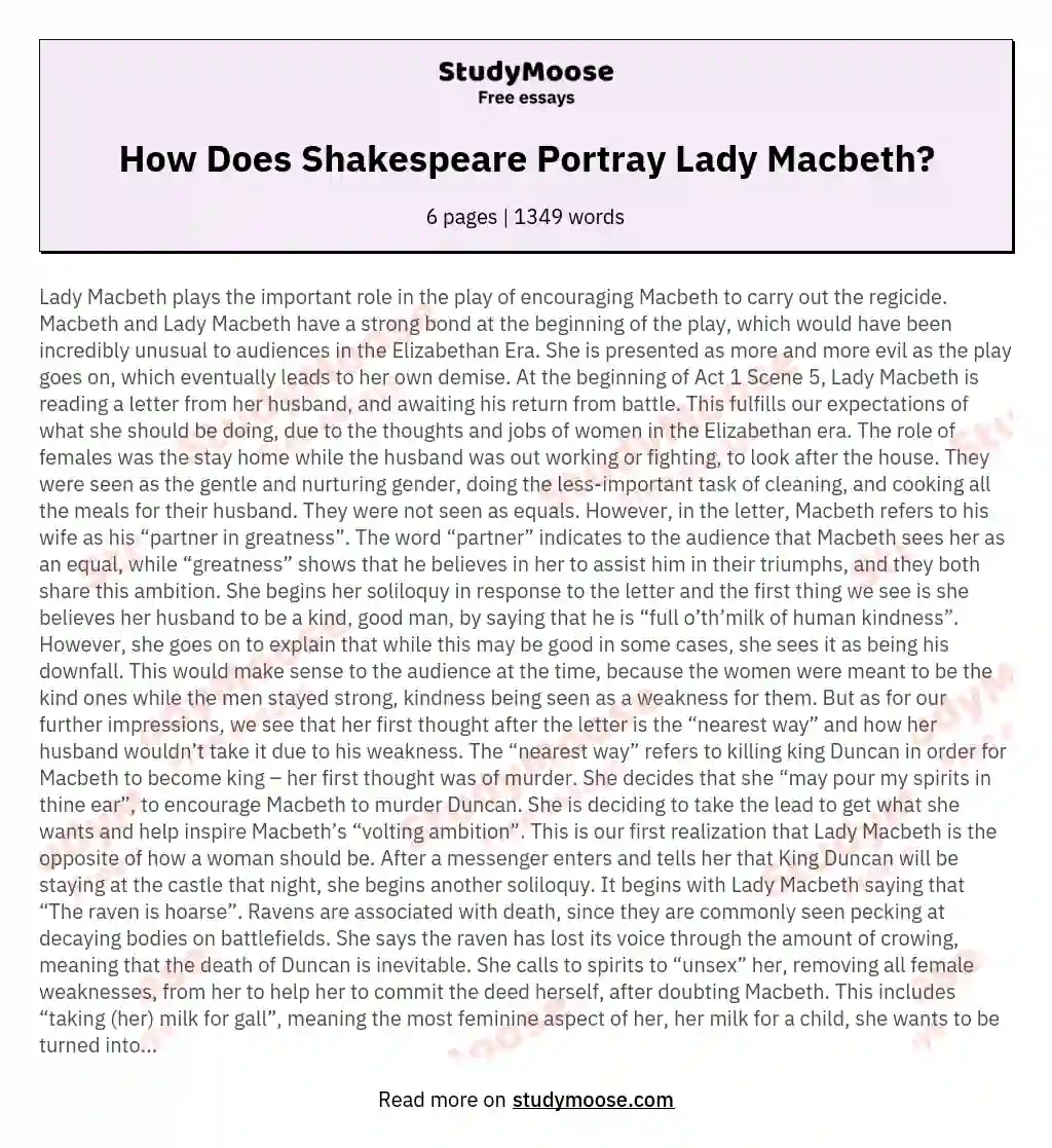 How Does Shakespeare Portray Lady Macbeth? essay