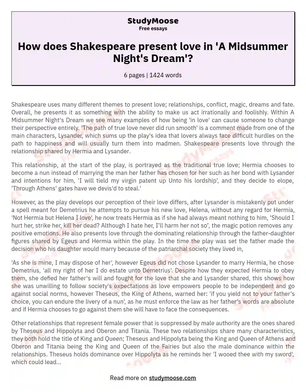 How does Shakespeare present love in 'A Midsummer Night's Dream'? essay