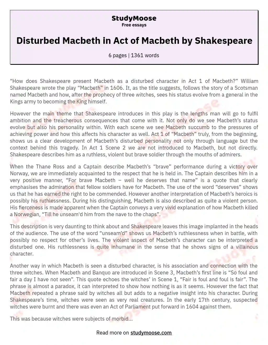 Disturbed Macbeth in Act of Macbeth by Shakespeare essay
