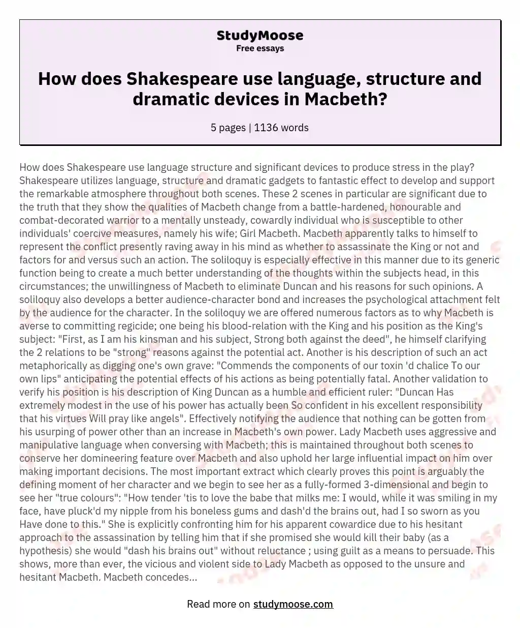 How does Shakespeare use language, structure and dramatic devices in Macbeth? essay