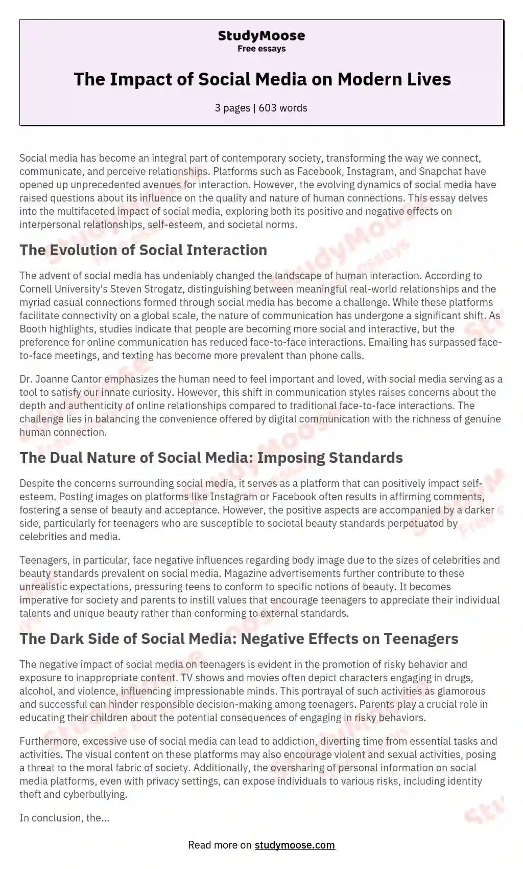 The Impact of Social Media on Modern Lives essay