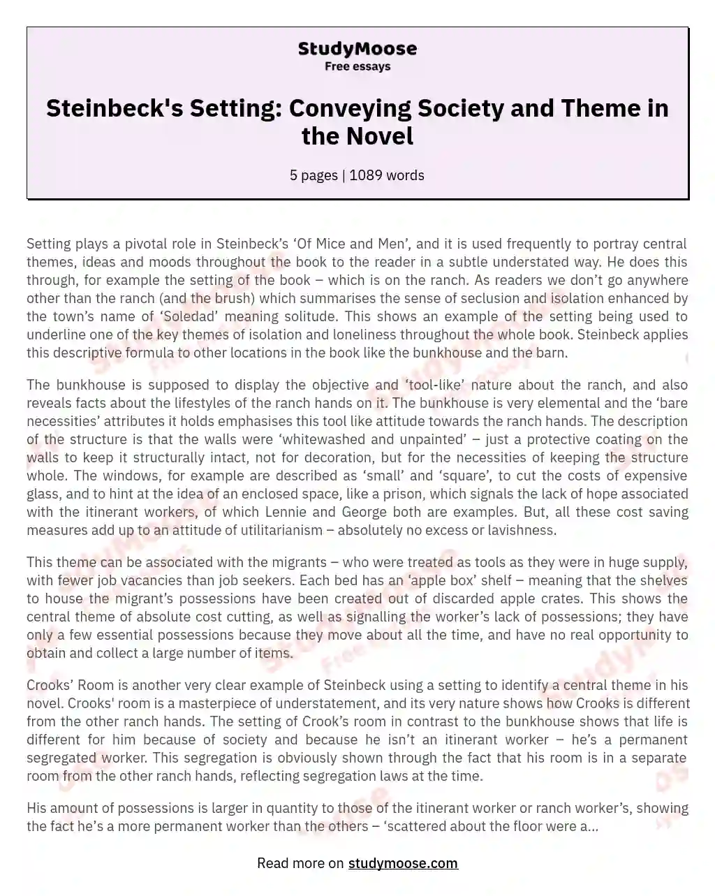 Steinbeck's Setting: Conveying Society and Theme in the Novel essay