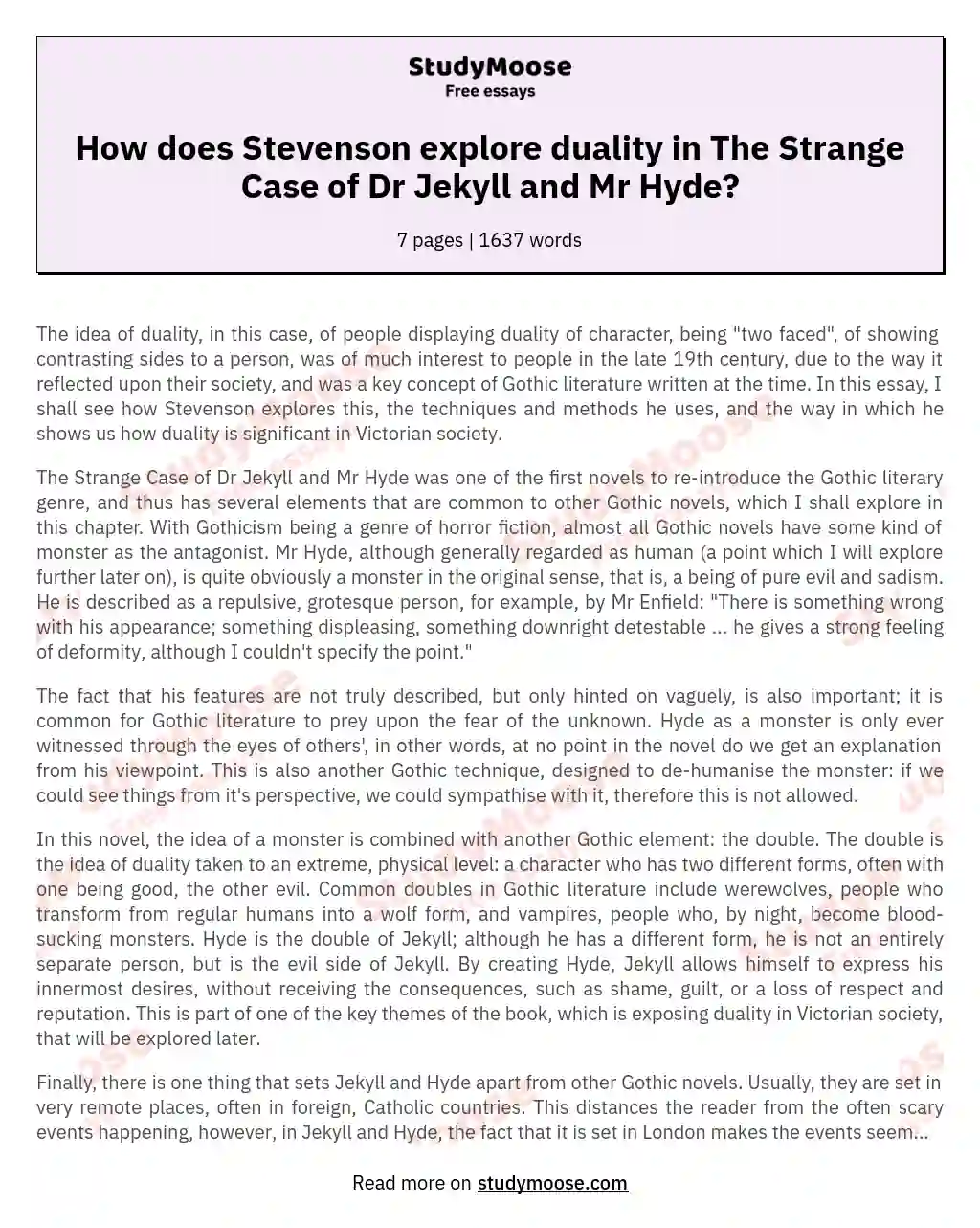 How does Stevenson explore duality in The Strange Case of Dr Jekyll and Mr Hyde?