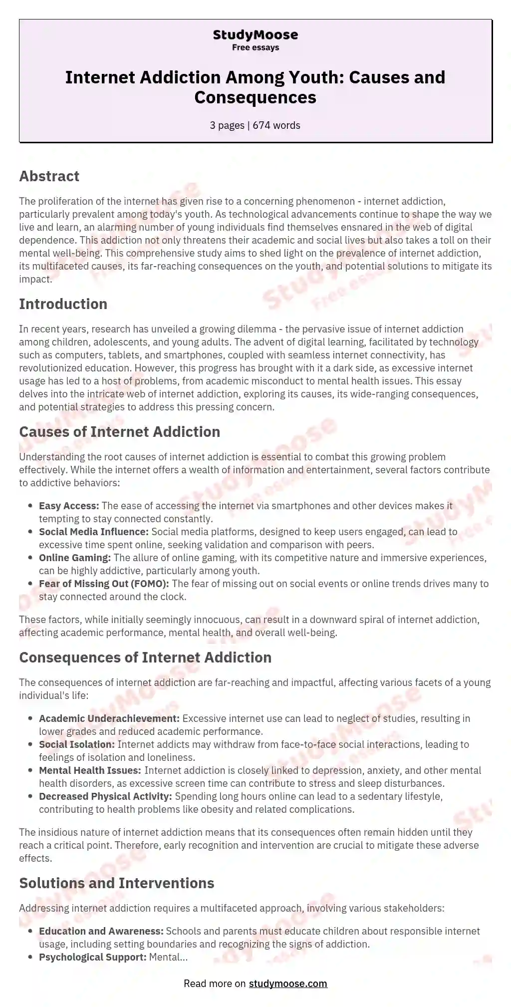 Internet Addiction Among Youth: Causes and Consequences essay