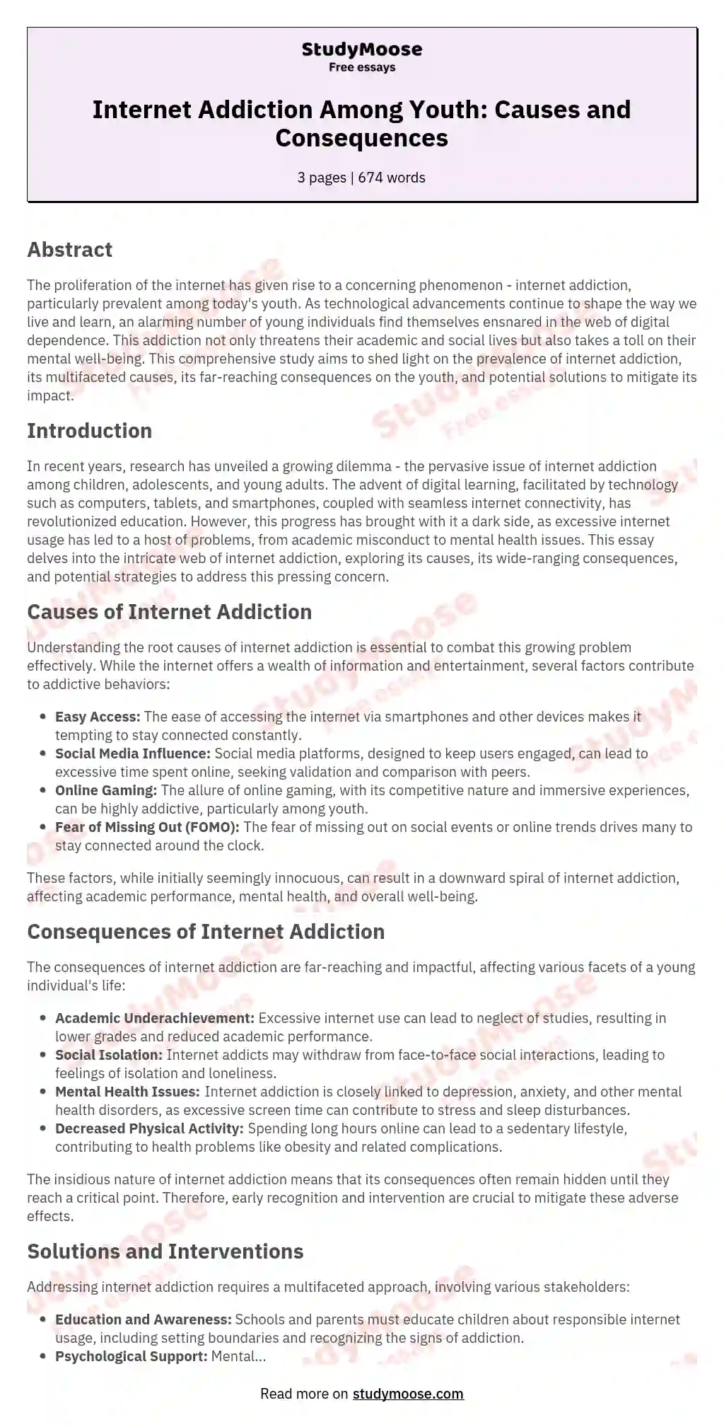 Internet Addiction Among Youth: Causes and Consequences Free Essay Example