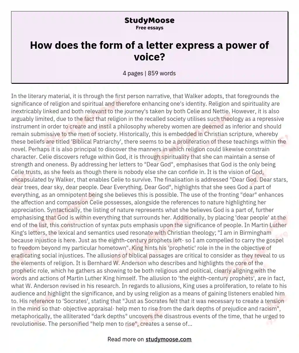 How does the form of a letter express a power of voice? essay