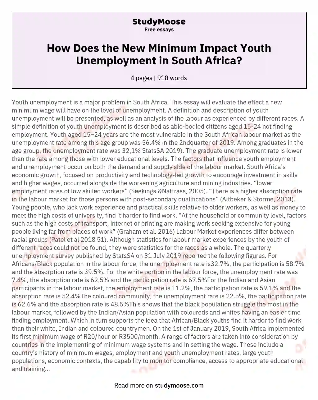 How Does the New Minimum Impact Youth Unemployment in South Africa? essay