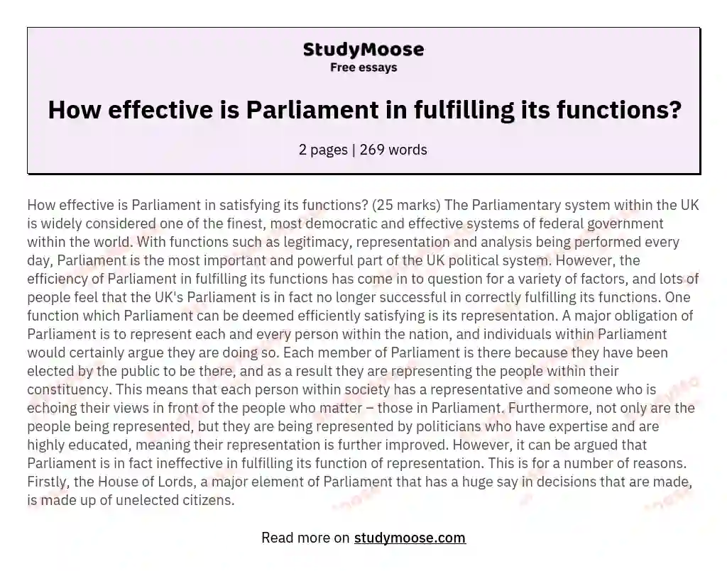 How effective is Parliament in fulfilling its functions? essay