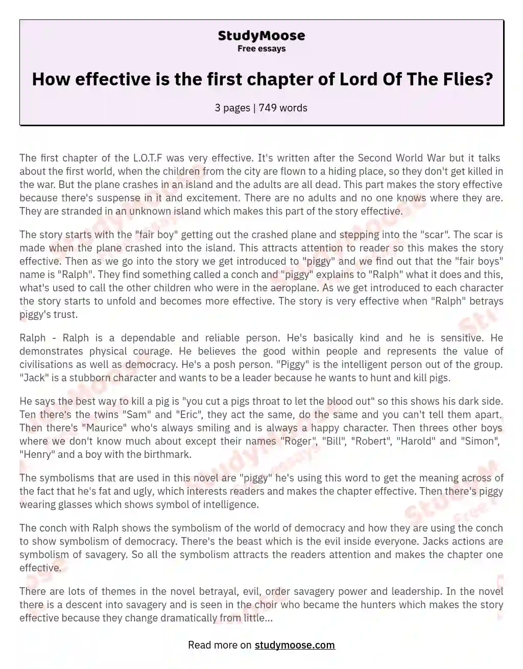 How effective is the first chapter of Lord Of The Flies? essay