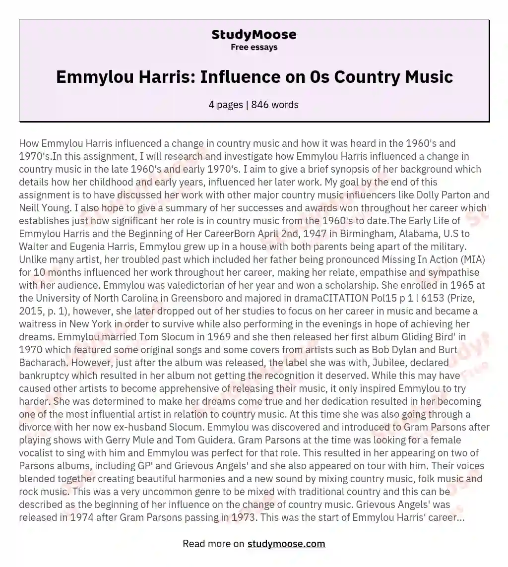 Emmylou Harris: Influence on 0s Country Music essay