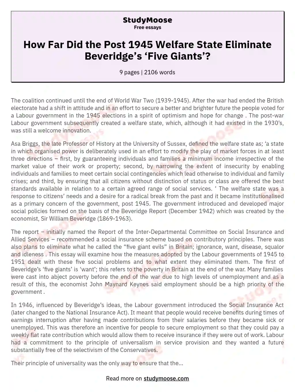 How Far Did the Post 1945 Welfare State Eliminate Beveridge’s ‘Five Giants’?