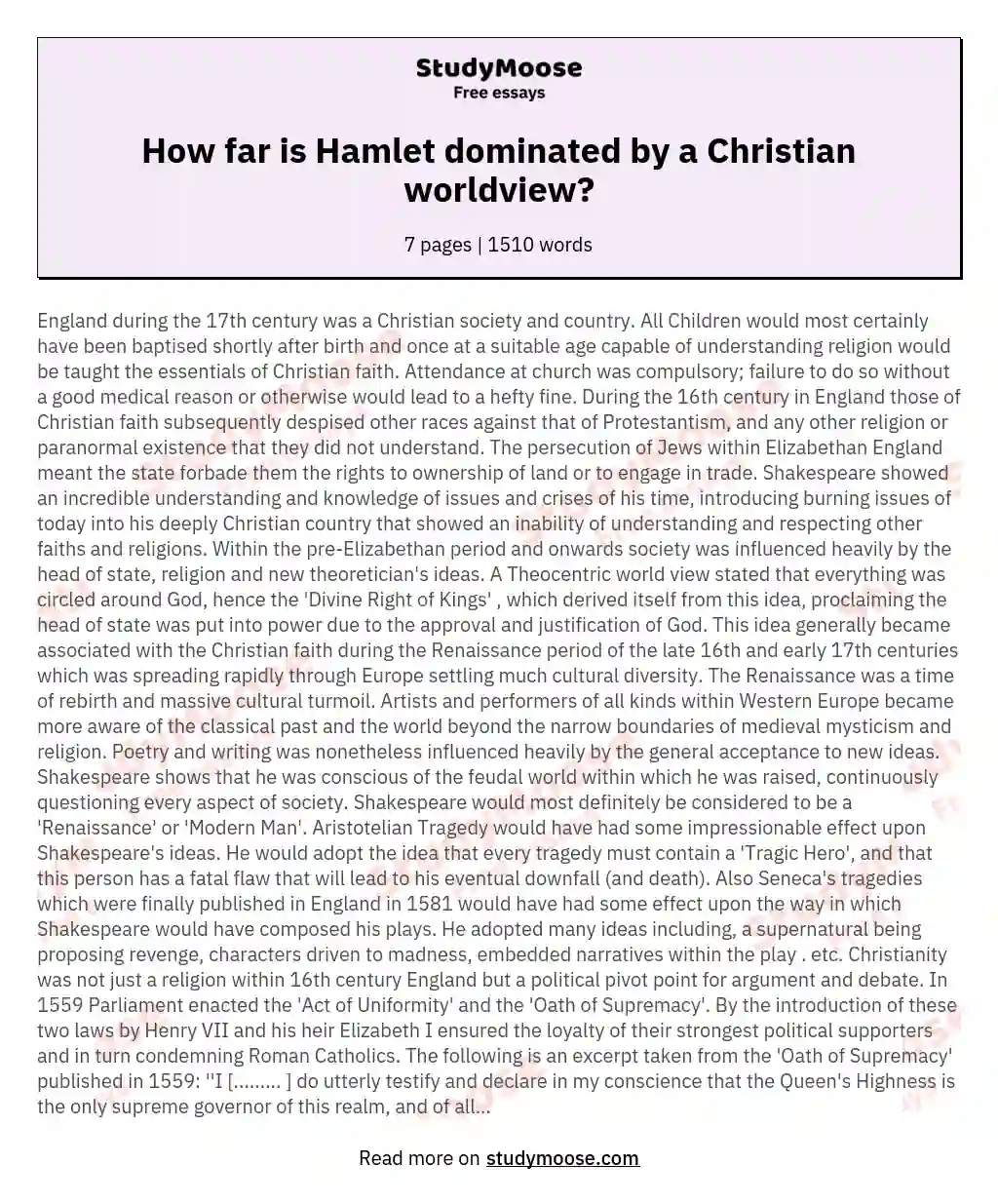 How far is Hamlet dominated by a Christian worldview? essay