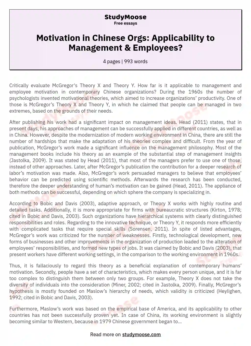 Motivation in Chinese Orgs: Applicability to Management & Employees? essay