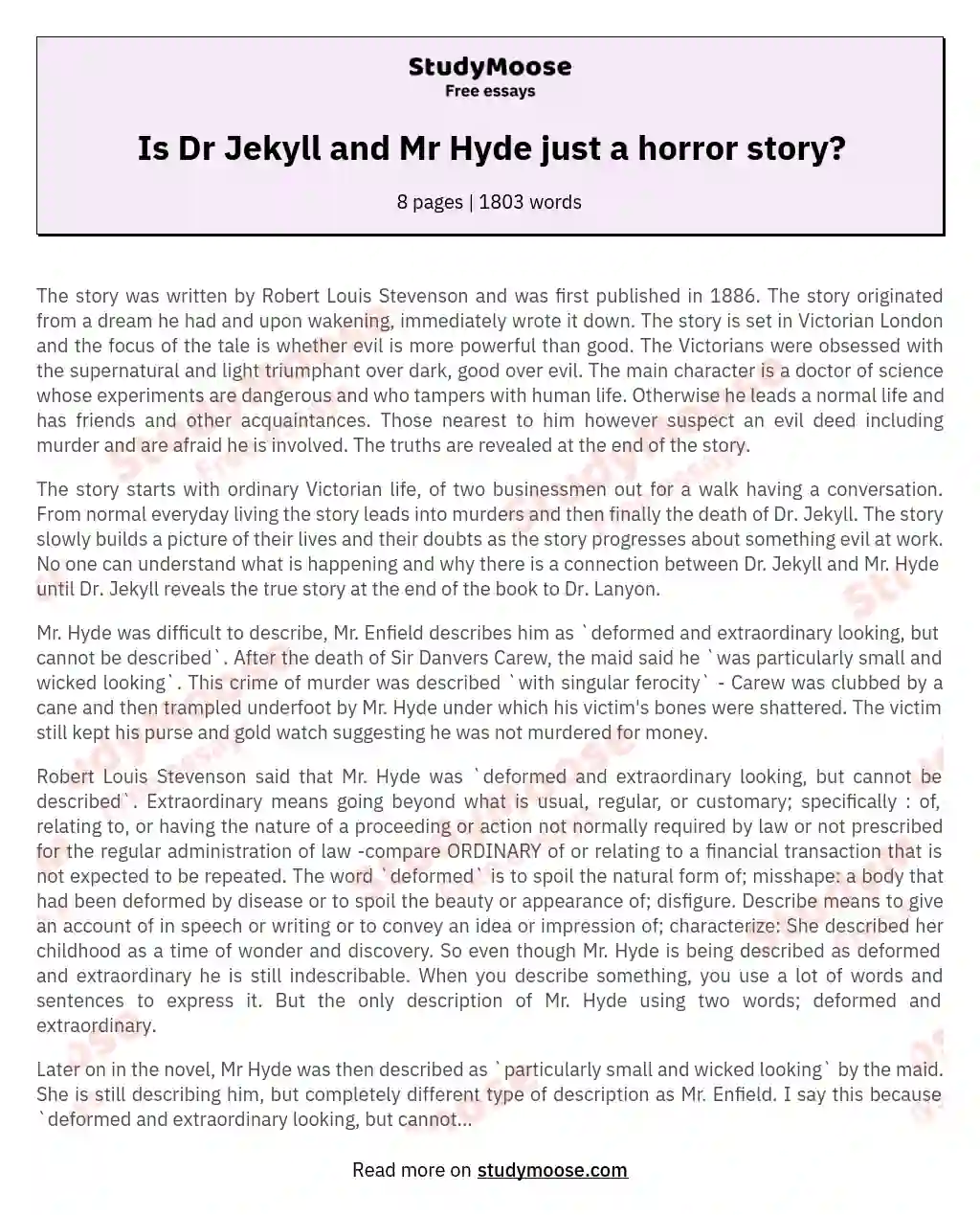 How far is "The Strange Case of Dr. Jekyll and Mr. Hyde" by Robert Louis Stevenson just a horror story?