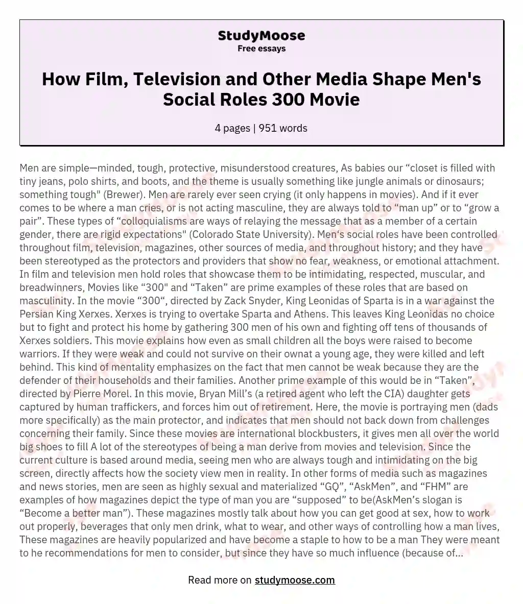 How Film, Television and Other Media Shape Men's Social Roles 300 Movie essay