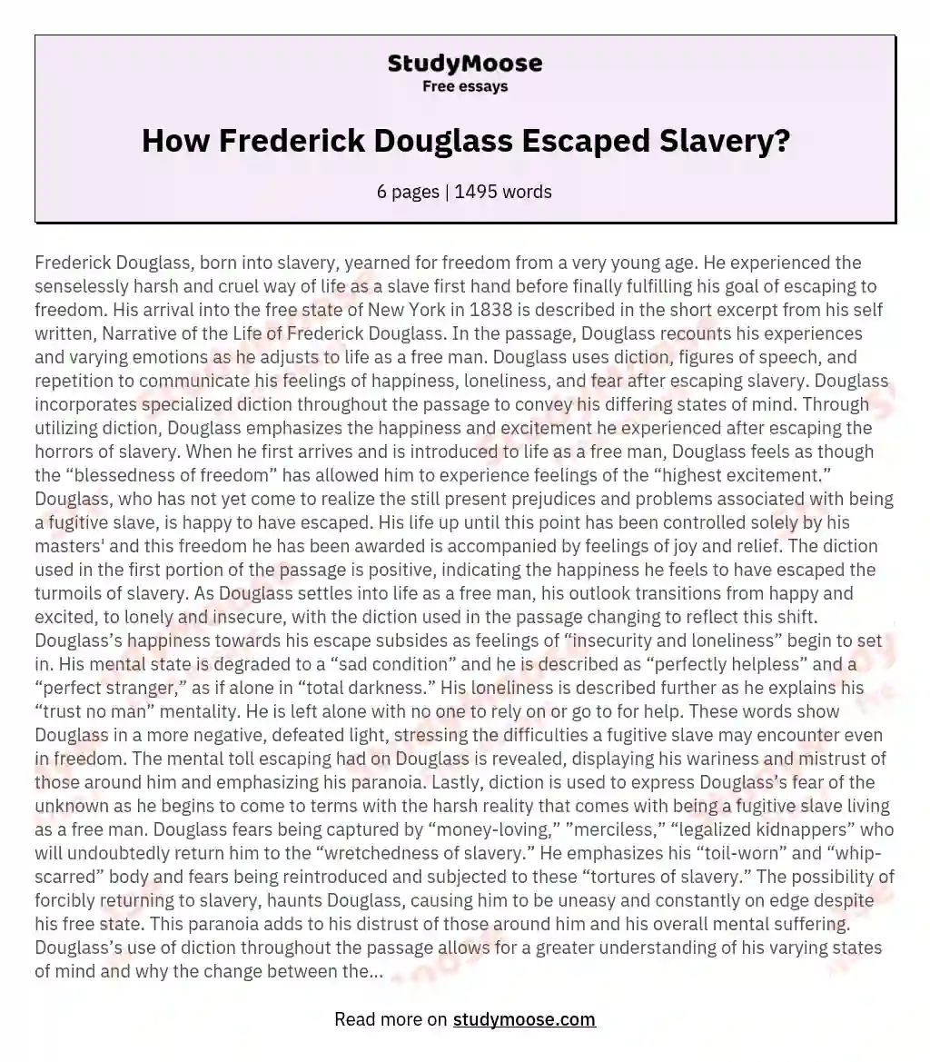 How Frederick Douglass Escaped Slavery? essay