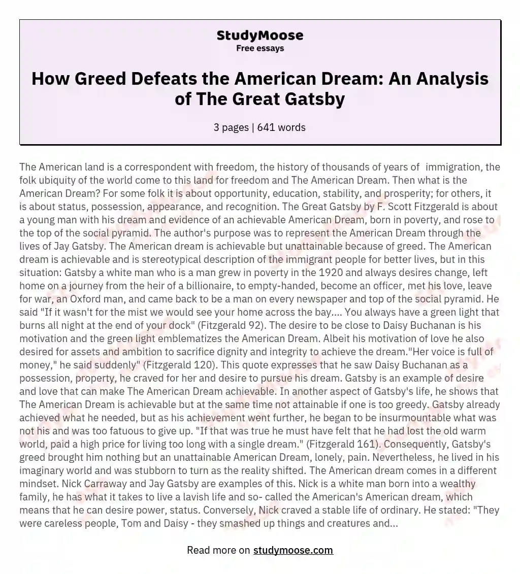 How Greed Defeats the American Dream: An Analysis of The Great Gatsby essay