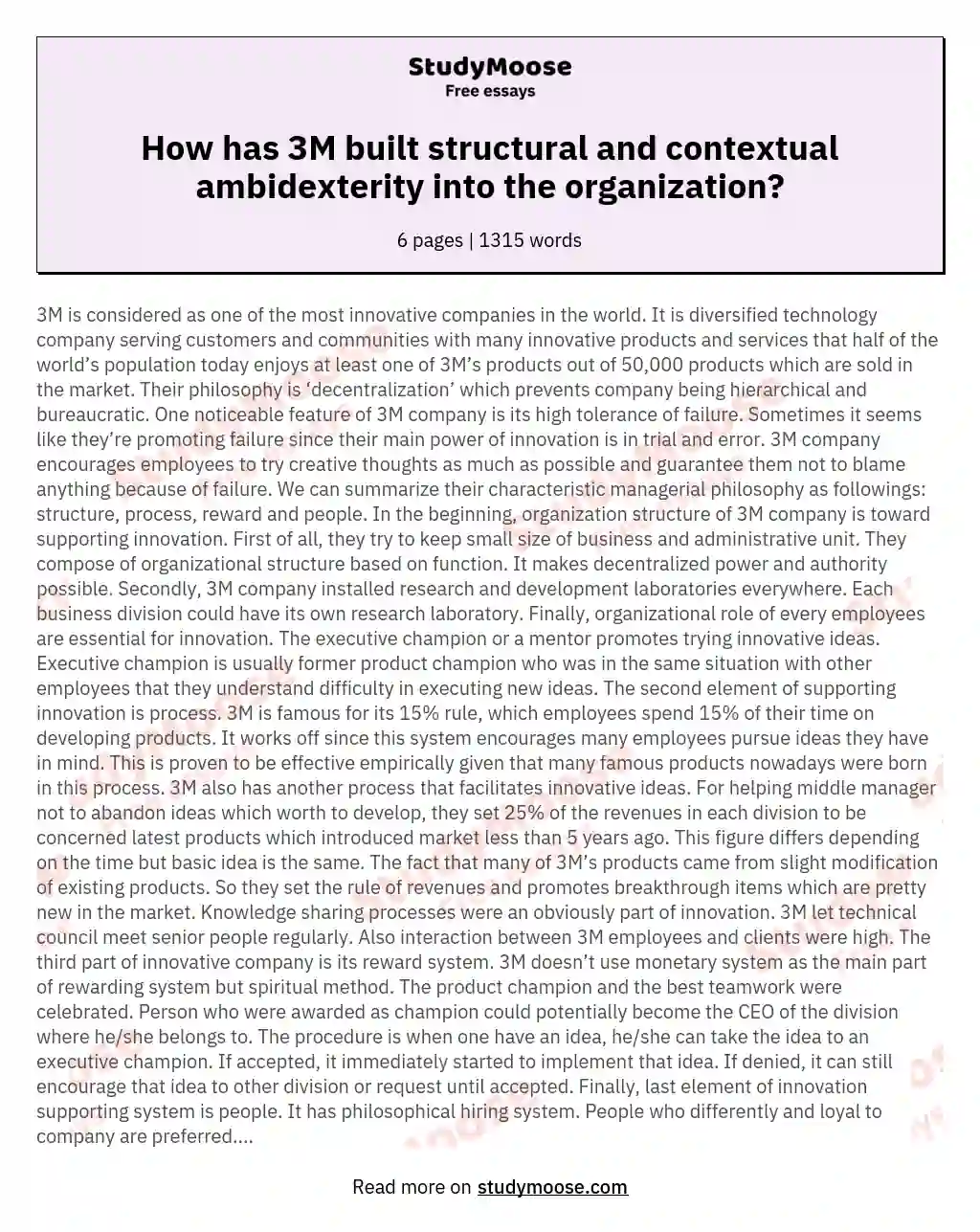 How has 3M built structural and contextual ambidexterity into the organization? essay