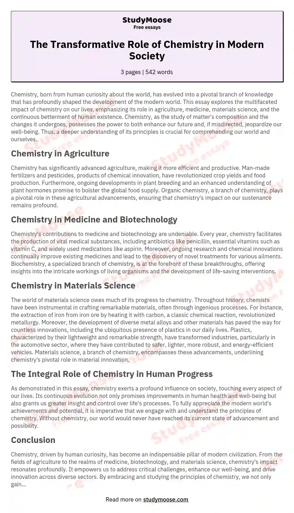 The Transformative Role of Chemistry in Modern Society essay