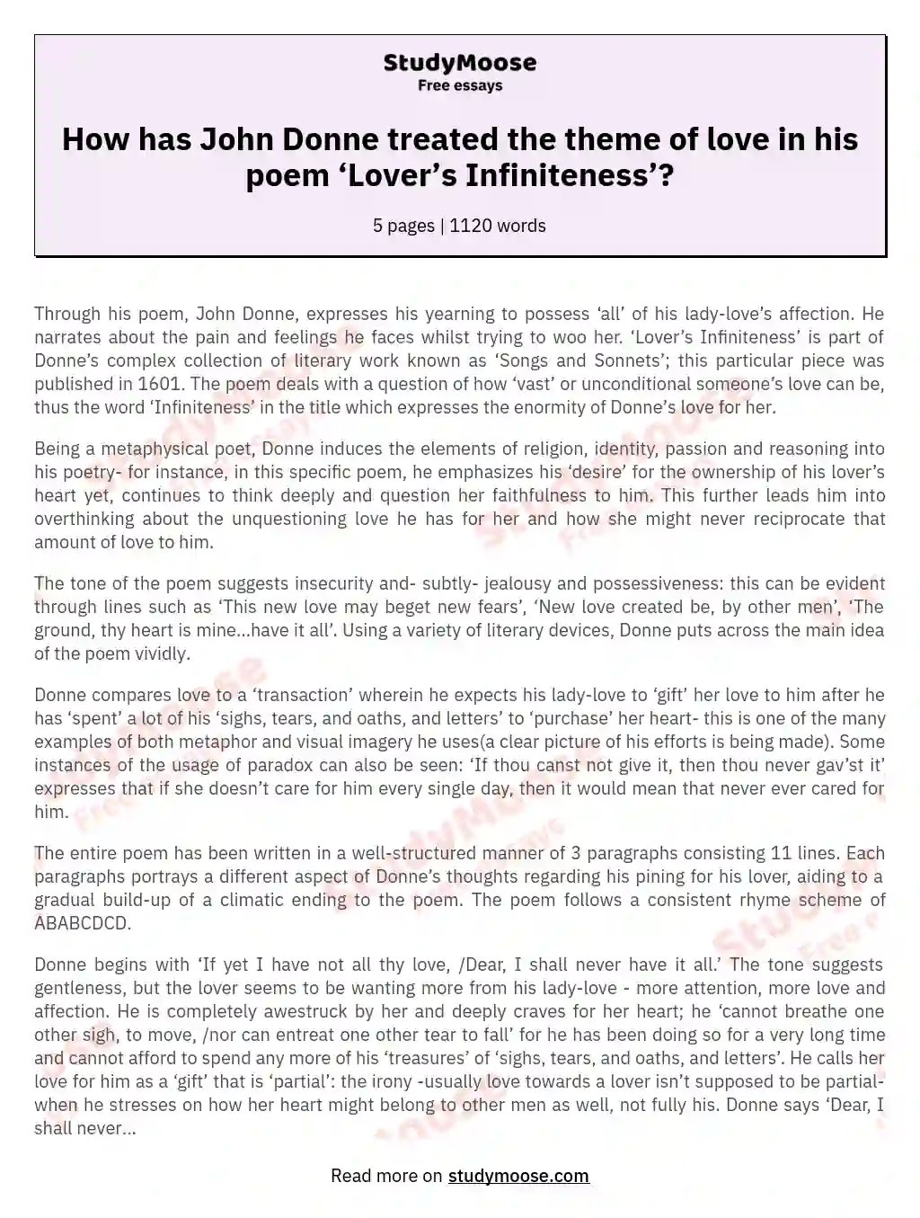 How has John Donne treated the theme of love in his poem ‘Lover’s Infiniteness’? essay