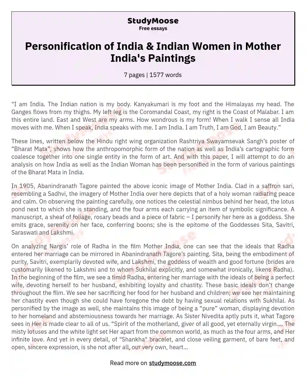 How Has the Personification of India and the Indian Woman Been Reflected in the Various Paintings of Mother India?